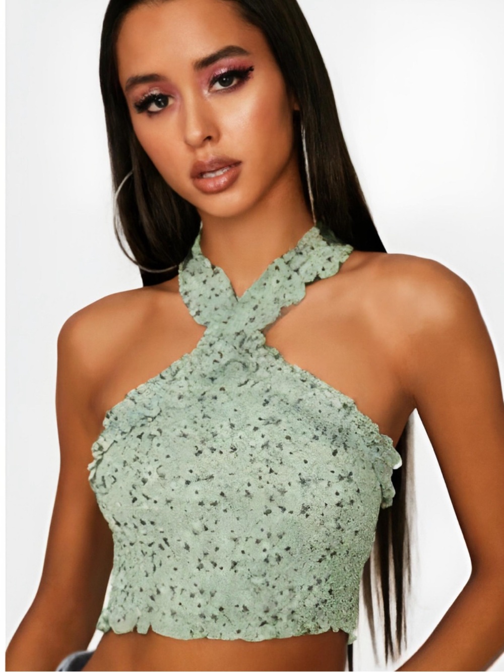 Dolls Kill Sage Green Floral Halter Crop Top